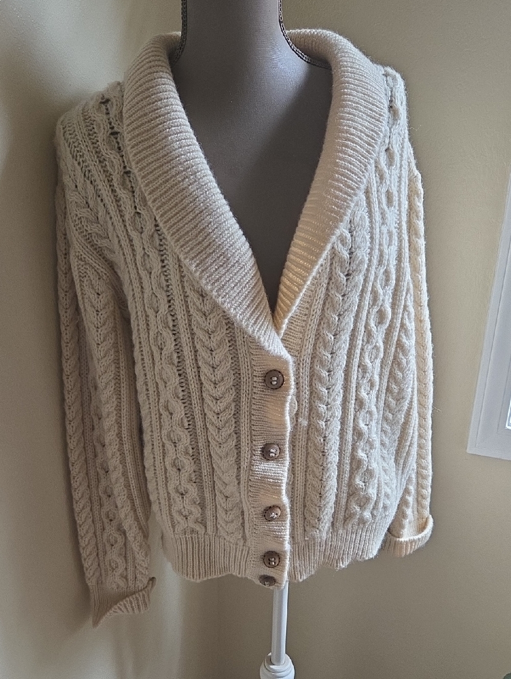 Old Spinning Wheel Irish Wool Cozy  Cable Knit Shawl Collar Cardigan Sweater